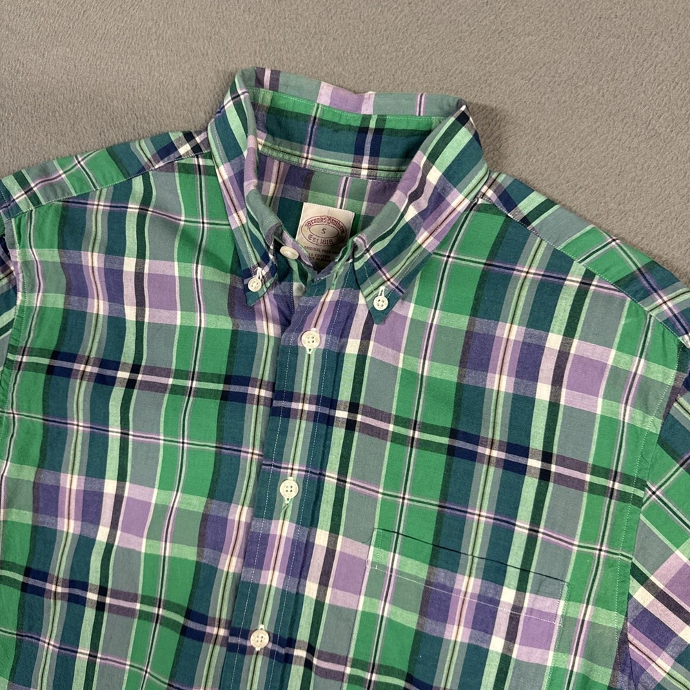 Brooks Brothers Shirt Mens Small Green Purple Plaid Short Sleeve Button Preppy